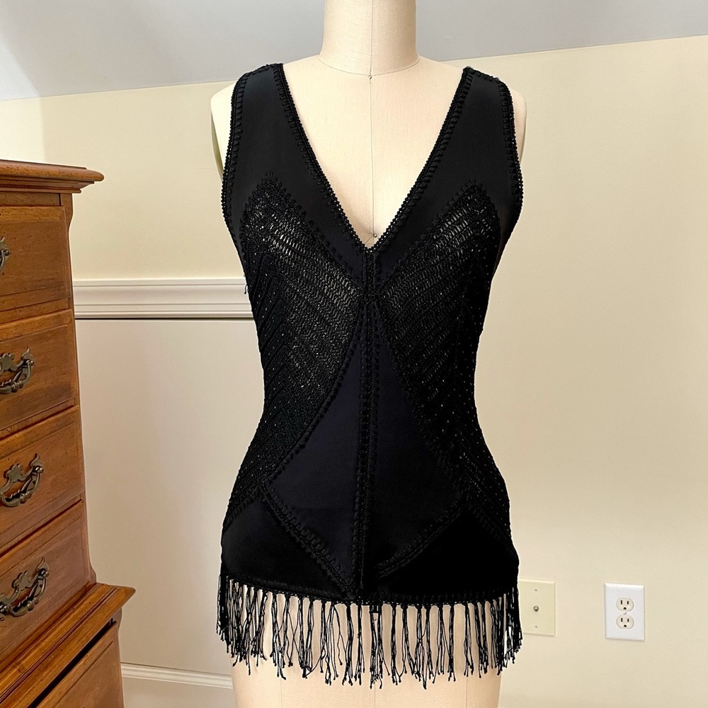 V-Neck Fringe Tank - Black